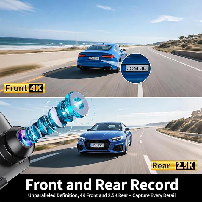 JOMISE G814 11" 4K+2.5K Rear View Mirror Camera — No WiFi/App, Mirror Dash Cam Front and Rear, Pure Evidence Recorder, Dash Cam for Cars, 3X Zoom, 64GB Card Included
