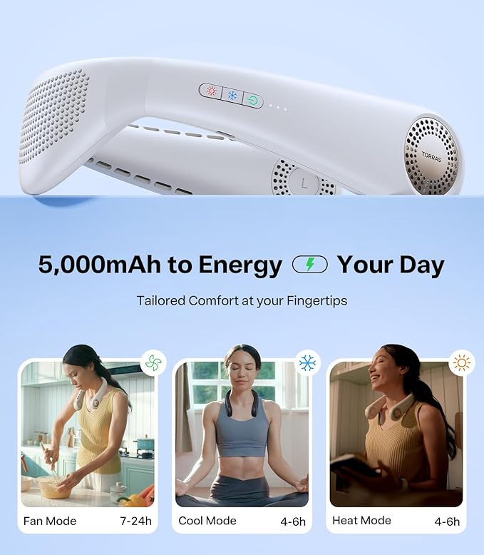 TORRAS COOLiFY Air 2026 Upgraded Neck Fan Air Conditioner, Dual-Airflow Pro Cooling, Ultra Light Portable Fan Rechargeable, Personal Cooling Fan Travel Essentials, Gift for Dad Father,Ivory White