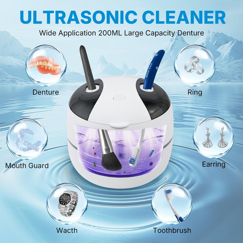 Ultrasonic Retainer Cleaner Machine Denture Cleaner for Dental Pod, Aligner, Night Guard, Braces & Mouth Guard, Features 45KHz and UV Deep Cleaning Dental,4 Modes Teeth Cleaning Tools, Digital Timer