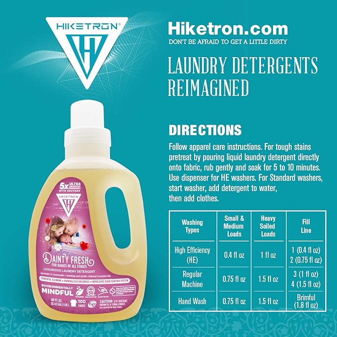 Hiketron Dainty Fresh For Babies Liquid Laundry Detergent, 5x Ultra Concentrated, Tough Stains Remover, Long Lasting Scent (80 Fl Oz, Pack of 2)