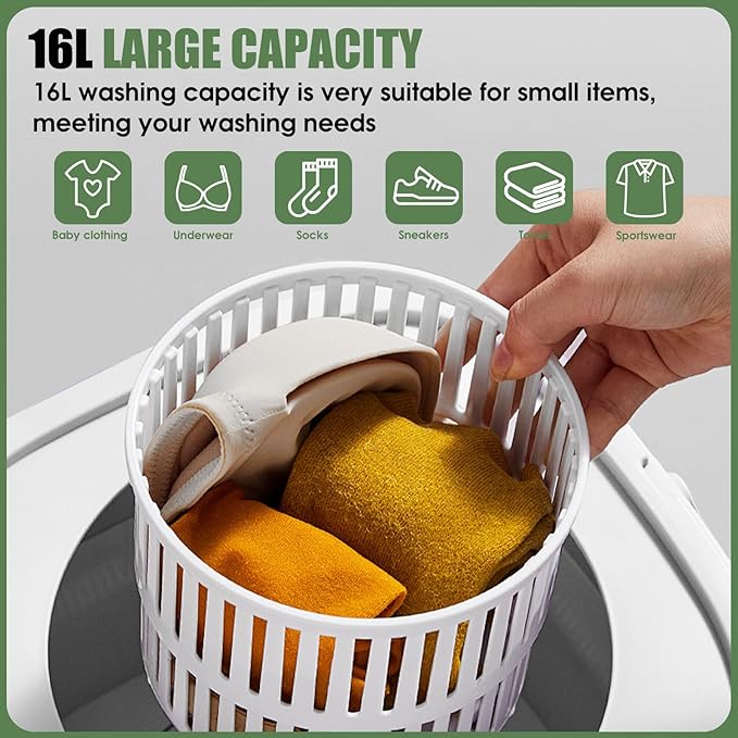 Portable Washing Machine 16L Mini Laundry Washer 3 Modes with Spin Basket Laundry Machine Cleaning Depth Underwear,Baby Clothes Small Shirt for Apartments Dormitories Hotels and Camping (Green)