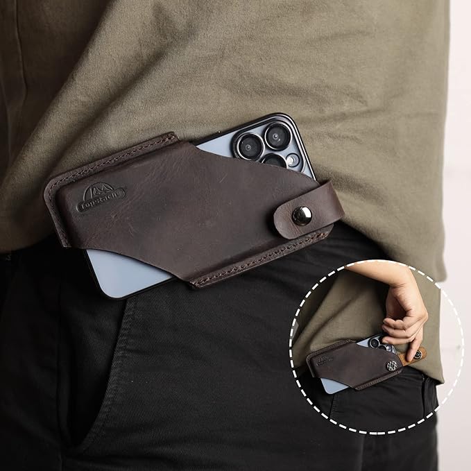 Topstache Belt Clip Leather Cell Phone Holster for iPhone 17/17 Pro/16/16 Pro, Galaxy S25/S24/S23 - Cell Phone Holder for Belt - Magnetic Closure Leather Holster Case Pouch, M,Dark Brown