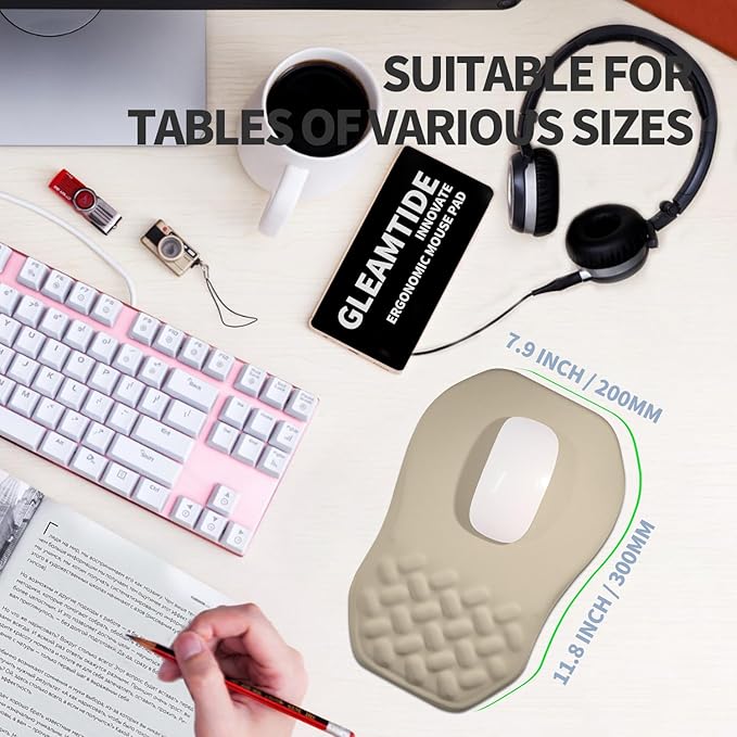 Gleamtide Ergonomic Raised Mouse Pad Wrist Support with Bilateral Slope Memory Foam Mousepad for Wrist Rest and Carpal Tunnel Pain Relief 11.8x7.9〃 Khaki