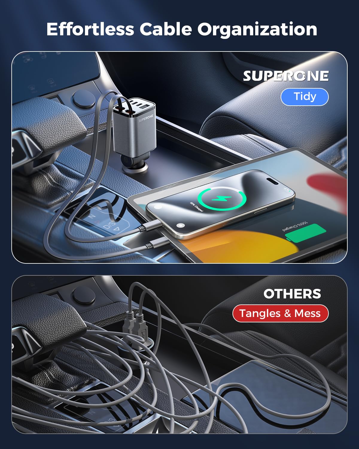 [Upgraded] 4 in 1 Retractable Car Charger, SUPERONE Smaller Fast Car Phone Charger 69W with Cord, USB C and iPhone Car Charger Adapter, Compatible iPhone 17/17 Pro Max/16/15/14/13/12/11, Sumsung