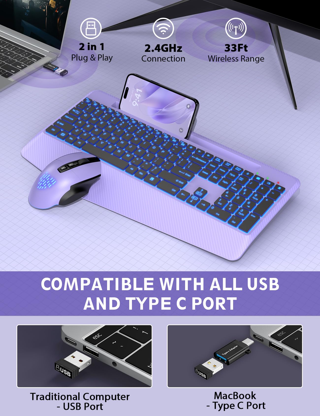 Wireless Keyboard and Mouse Backlits, Wrist Rest, LED Mouse, Rechargeable Ergonomic Keyboard with Phone Holder, Silent Light Up Combo for Computer, Mac, PC, Laptop, Chromebook (Purple)