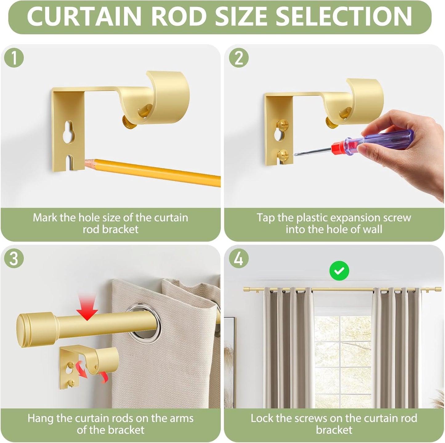 Skiennix Adjustable Gold Curtain Rods - 5/8” Diameter, 30-60 Inch for 30-54 Inch Windows