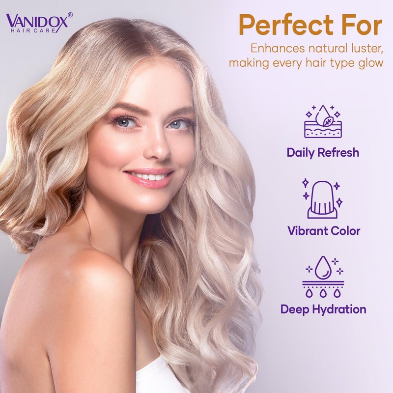 VANIDOX Sulfate Free Brass Toning Purple Shampoo for Blondes, Brown Highlighted, or Bleached Hair, Infused with Purple Rice Extract, Hyaluronic Acid, Vitamin E, and Chamomile Extract (16 fl oz)