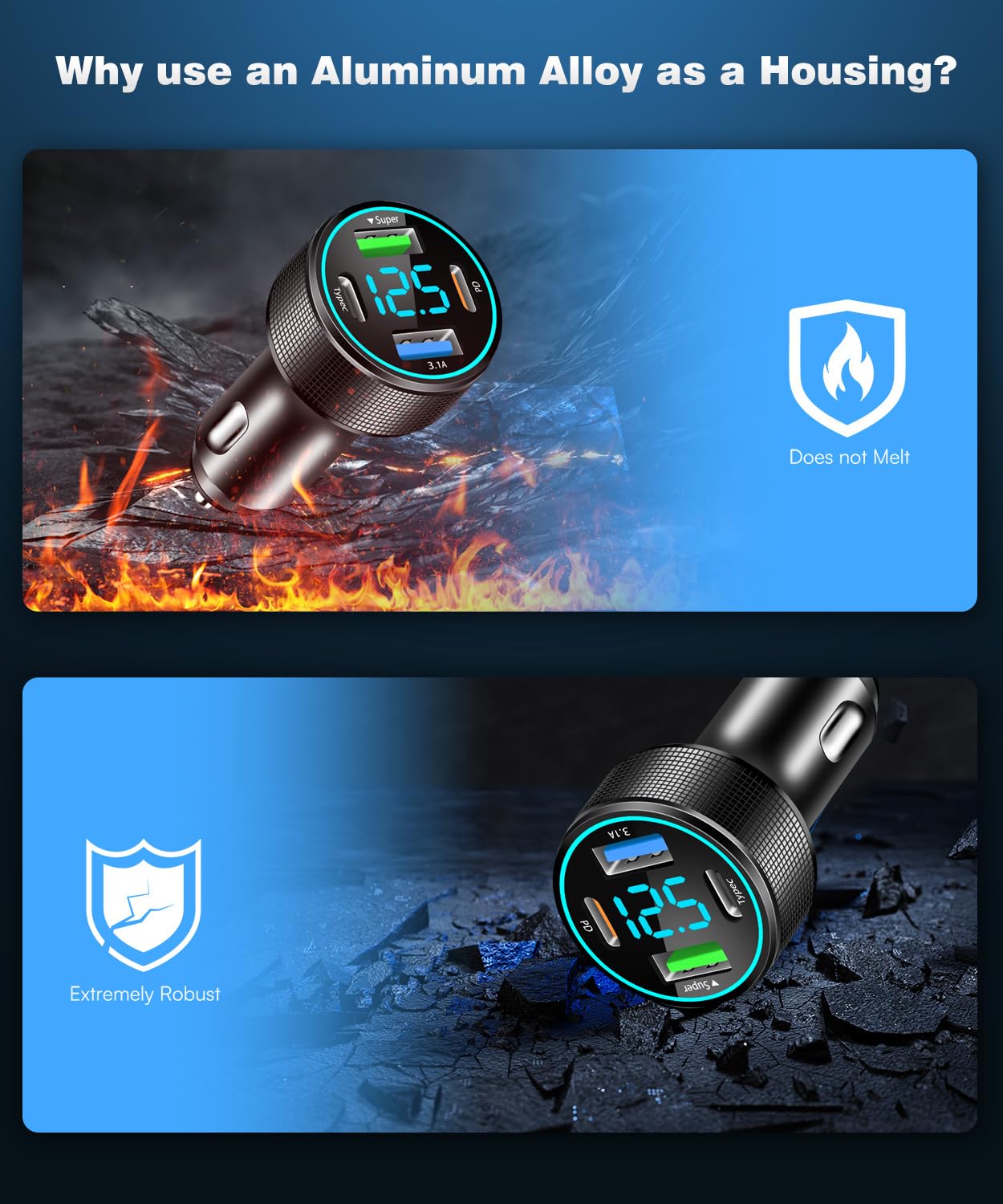2 Packs of 66W USB C Car Charger 4 Port Car Charger Adapter with 30W PD, 3.1A Aluminium Alloy Car Cigarette Lighter USB Charger with LED Voltmeter Compatible with Phone 15 14 13