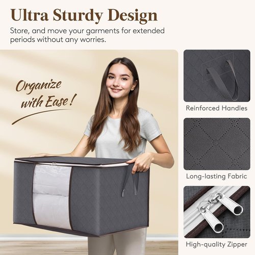 Lifewit 60L Clothes Storage Bins - 4 Pack Foldable Bags with Lids, Zippers & Clear Window