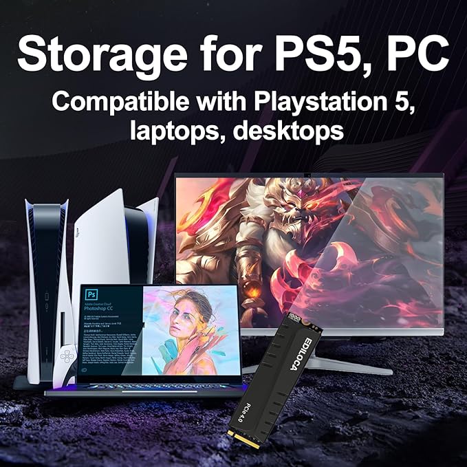 Ediloca 1TB PS5 SSD with Heatsink PCIe Gen4 NVMe M.2 Gaming SSD, 7400MB/s Read, 1GB DRAM Cache, 3D TLC | Internal Solid State Drive Compatible with PS5 & PC(EN855)
