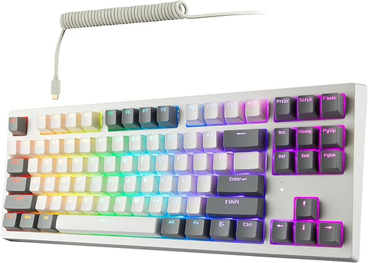 TECWARE Phantom+ Elite 87 Key RGB Mechanical Gaming Keyboard | 3 Mode Wireless Bluetooth 5.0 2.4GHz & USB C Wired | Hot Swappable 5 Pin | Double Shot PBT Keycaps | Wraith Orange Switch - White