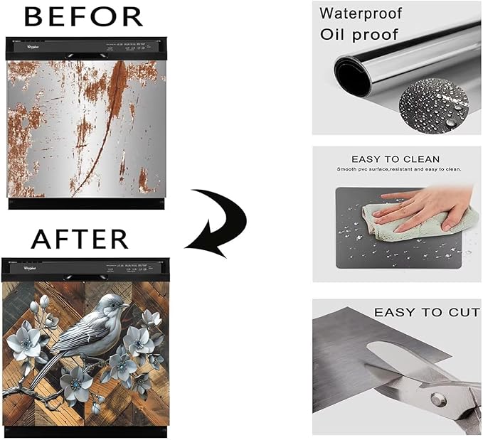 Stainless Steel Bird Flowers Dishwasher Magnet Cover for Home Appliances, Vintage Wood Grain Magnet Refrigerator Panel Decal, Silver Metal Bird Magnetic Dishwasher Sticker 23" W x 17" H