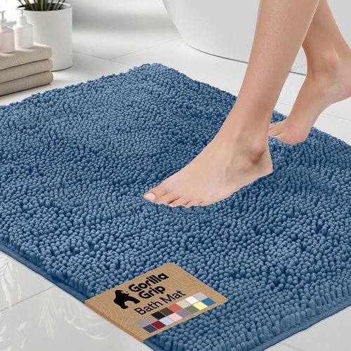 GORILLA GRIP Bath Rug Mat - Soft Absorbent Chenille | Quick-Dry Microfiber, 48x17, Blue