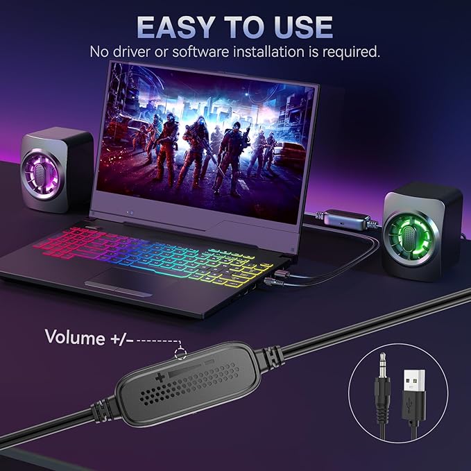 OFFSIR Computer Speakers,RGB PC Speakers, USB Powered 3.5mm Aux Speaker for Desktop, PC, Laptop, Tablet - Small Computer Speakers | Clear Sound & 7-Color Dynamic Lighting