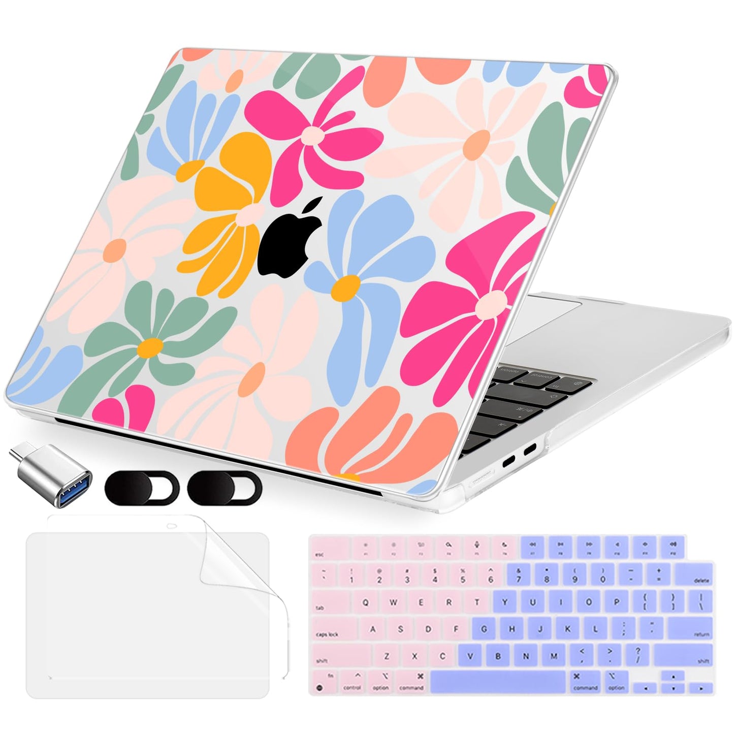 MecBevia Compatible with 2026 M5 MacBook Air 15 inch Case, 2026 2025-2023 M5 A3448 M4 A3241 M3 A3114 M2 A2941, Keyboard Cover, Screen Protector, Webcam Cover & Type-C OTG, ColorfulFlowers