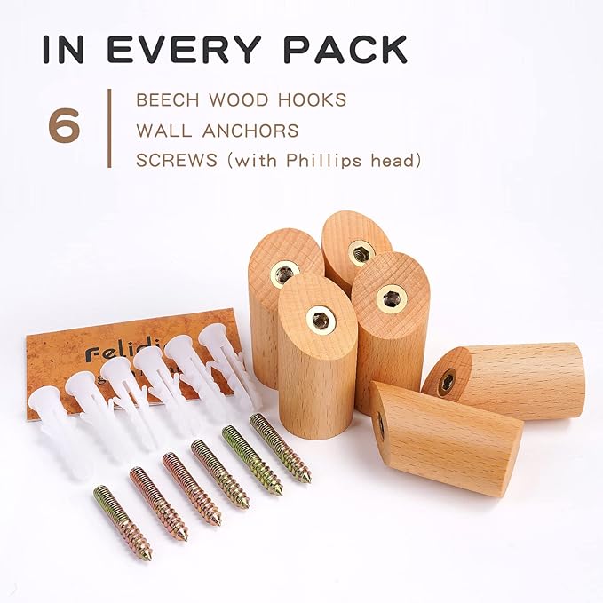 Felidio Wood Wall Hooks, 6 Pack Natural Wooden Coat Hooks Wall-Mounted, Rustic Heavy Duty Hook for Hanging Towels Coats Plants, Entryway Hat Hanger Wall Coat Rack (Beech Wood)