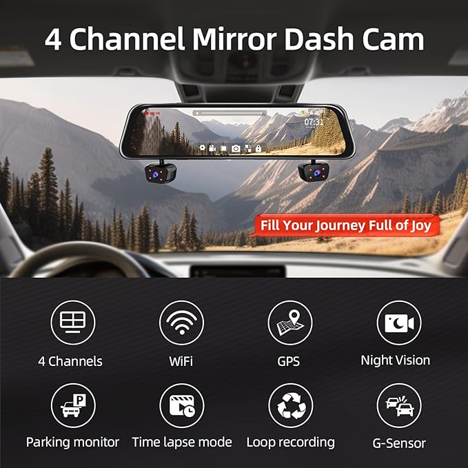 Zunfly Mirror Dash Cam 4 Channel Dash Cam Front and Rear/Inside, Touch Screen 12’’ FHD 1080Px4 Rear View Mirror Camera, 8 IR Night Vision, Built-in WiFi, GPS, Parking Monitor