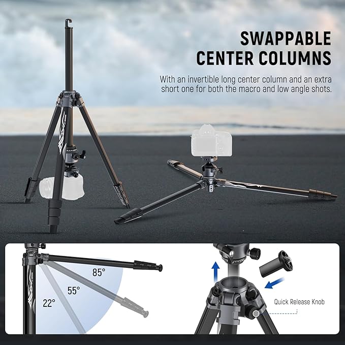 NEEWER LITETRIP LT07 61" Aluminum Travel Tripod Stand for Camera with Pan Tilt Low Profile Ball Head, Arca QR Plate Compatible with PD, Dual Center Axis, Max Load 22lb