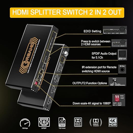 CORSAHD 4K@60Hz HDMI 2.0 Splitter 2 in 2 Out with Audio Extractor Supports ARC,e-ARC,Soundbar,Downscale,HDCP Bypass,HDR,CEC,EDID,SPDIF,IR Remote,HDMI Swtich 2 in for soundbar
