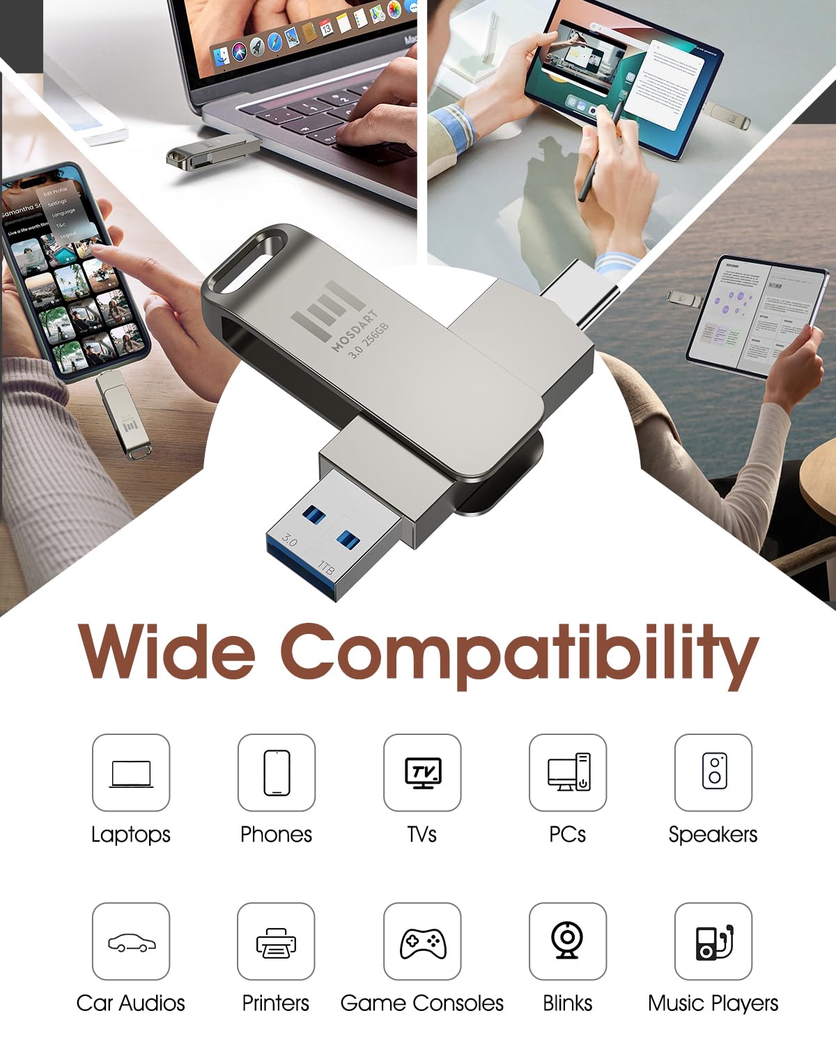MOSDART 256GB USB C 3.2 Fast Speed C and A Dual Flash Drive, exFAT Memory Stick with Keychain Loop, for iPhone 15,16,17, Android Phone, iPad, MacBook, Silver