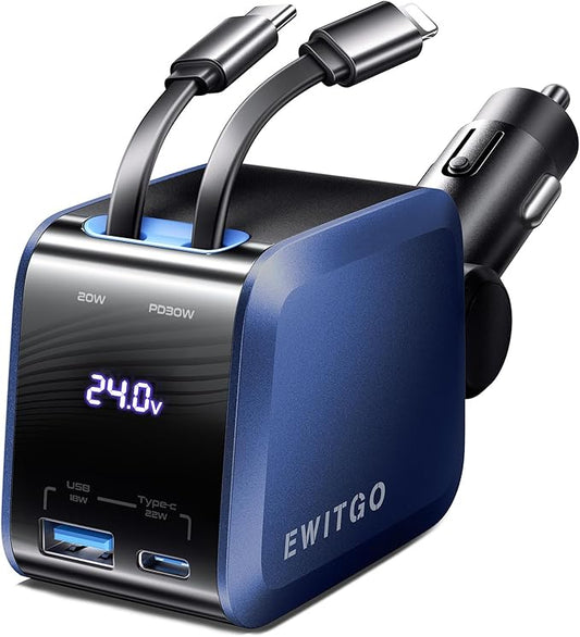 EWITGO Retractable Car Charger, Car Accessories, 72W Fast Charging USB C Car Charger with 4FT Retractable Cables and 2 Ports, for iPhone 16 15 14 13 12, Samsung etc Dark Blue