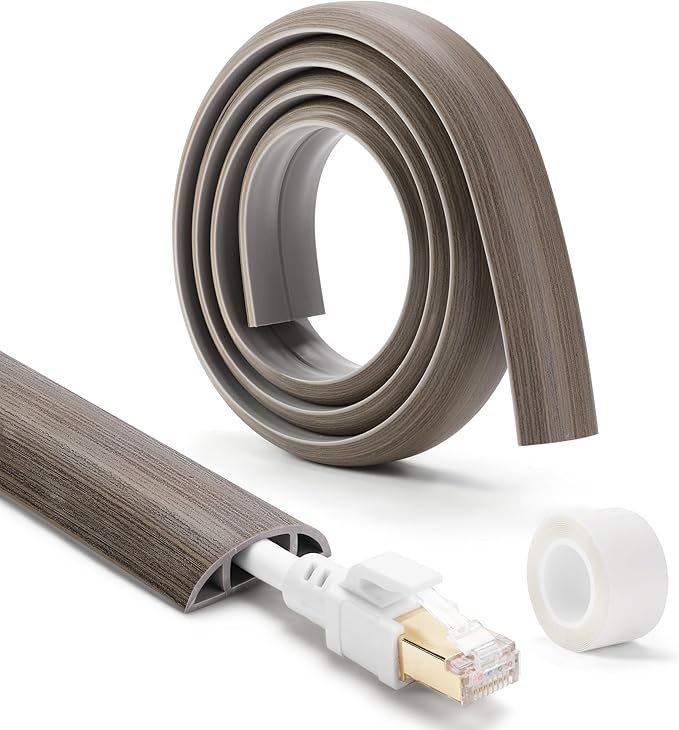 Floor Cord Cover 10ft, Cord Hider Floor Gray Wood, Cable Management Prevent Trips, Cable Cover Wire Covers for Electric Power Cords, Wire Protector Cavity W0.47in x H0.28in Grey