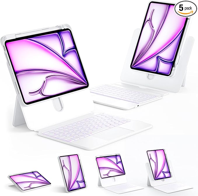 Tiaota for iPad Pro 11-inch (M4, 2024) Keyboard Case with Multi-Touch Trackpad, 360° Rotating Magnetic Stand, Detachable Protective Cover, Portrait & Raised Modes, 7-Color Backlight – White