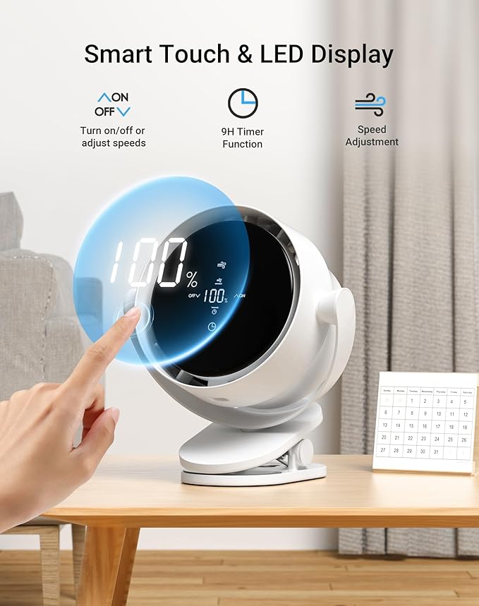 Primelove Portable Desk Fan, Clip-On Rechargeable USB Fan with 100-Level Precision Control & LED Touch, 360° Rotation, Ideal for Stroller, Office, Bedroom, Kitchen, Camping – White, 7-inch