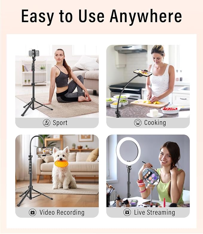 Phone Tripod, 86" Tall Tripod Stand with Gooseneck and Remote, Suitable for Recording Fitness Vlog Watching Cooking, Compatible with Smartphone, Camera, 1 Pcs