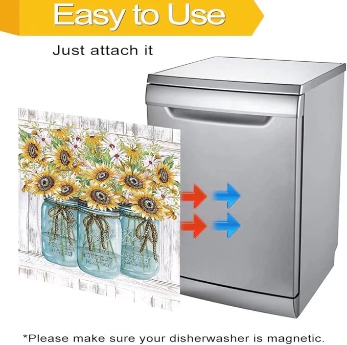 Farm Sunflower Dishwasher Cover Magnet Sticker, Vase Sunflowers Fridge Decal Magnetic Panel, Farm Style Vinyl Home Appliance Cover, Magnetic 23"x26"INCH