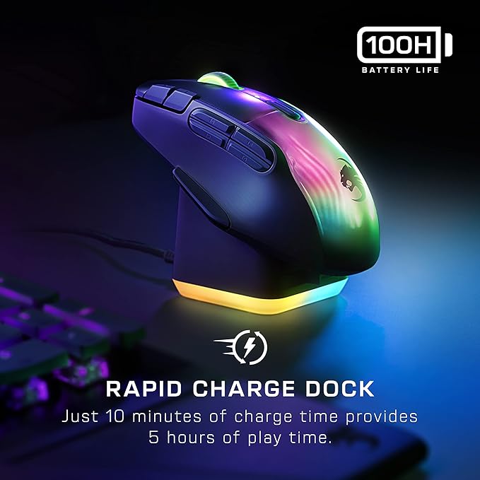 Turtle Beach Kone XP Air Wireless RGB Gaming Mouse, 19000 DPI Optical Sensor, 100-hour Rechargeable Battery & Charging Dock, 29 Programmable Inputs, Ergonomic Design, Bluetooth, 4D Wheel – Black