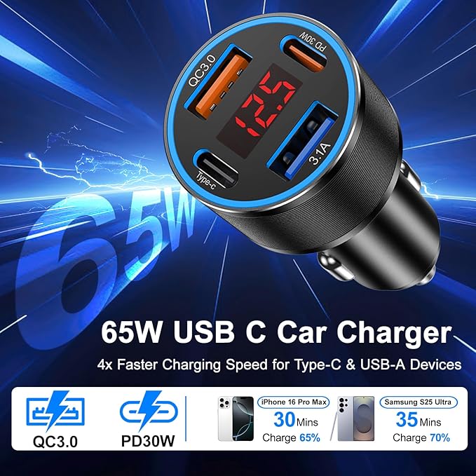 Car Phone Charger USB C,2Pack 4-Port 65W USB C Car Charger Fast Charging Multi Port Cigarette Lighter Adapter with Volt Meter,12V Type C Car Adapter for iPhone 17/16/15 Pro Max,iPad,Samsung,Android