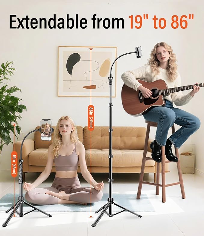 Phone Tripod, 86" Tall Tripod Stand with Gooseneck and Remote, Suitable for Recording Fitness Vlog Watching Cooking, Compatible with Smartphone, Camera, 1 Pcs
