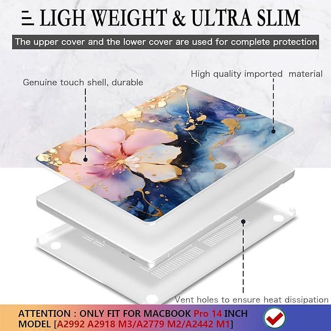 CISSOOK Plastic Hard Shell Compatible with MacBook Pro 14 inch Case 2026-2021 Release, M5 A3434 M4 A3112 A3185 A3401 M3 A2918 A2992 M2 A2779 M1 A2442 Pro/Max Chip, Marble Flower