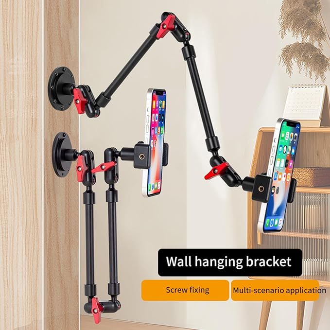 Wall Mounted Phone Holder Magic Arm 360° Rotation Adjustable Metal Base Screw in Wall Sturdy for Kitchen Bedroom Home 22 Inch ABS Phone Clip