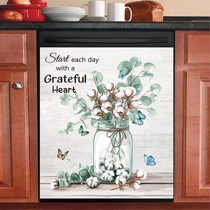 Generic Vase Cotton Flower Dishwasher Cover Magnet Kitchen Decorative,Rustic Kapok Floral Butterfly Wood Grain Refrigerator Magnets Decals,Inspiring Quotes Home Appliance Sticker,Magnetic 23x26