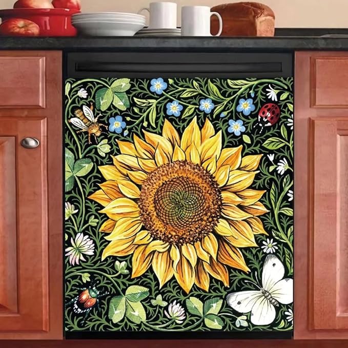 Sunflower Dishwasher Decorative Cover, Home Kitchen Dishwasher Decal Floral Refrigerator Cover Decals, Ordinary 23"x26"INCH