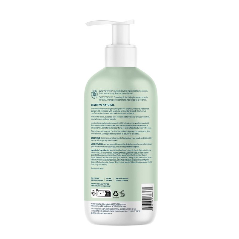 ATTITUDE Body Lotion for Sensitive Skin with Oat, EWG Verified, Dermatologically Tested, Vegan, Avocado Oil, 16 Fl Oz