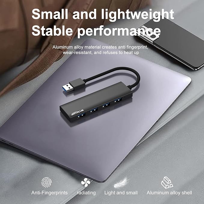 ANYPLUS USB Hub, USB 3.0 Hub Aluminum Alloy Ultra Slim USB Splitter, Portable 4 Port USB Extender, USB Hub for Laptop, PC, MacBook, iMac, Surface Pro, Mac Pro, Flash Drive, XPS 【Black】