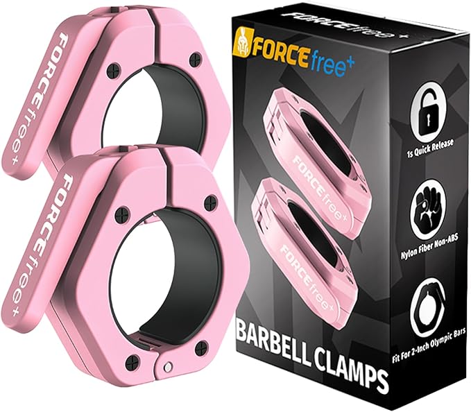 Forcefree+ Barbell Clips (Pair), Barbell Clamps, Quick Release Olympic Barbell Clamps with Anti Slip TPR Grip, Barbell Collars for Secure Weightlifting & Powerlifting (Non Magnetic, Pink)