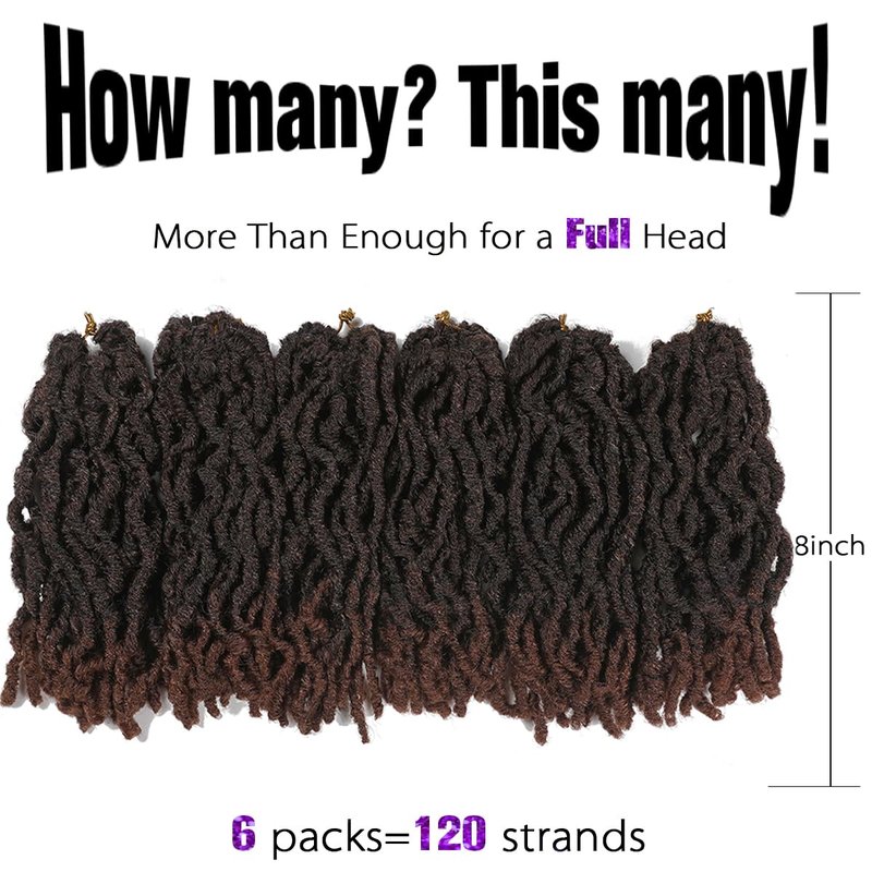 FANCEE Faux Locs Crochet Hair - 8-Inch Short Curly Dreadlock Extensions for Black Women | Ombre Brown Wavy Braids (6 Packs, 120 Strands)