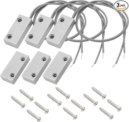 FOCMKEAS 3Pcs Magnetic Reed Switch Wired Surface Mount Normally Closed NC Contact Sensor Alarm Magnetic Door Switch with 2 Wires, Zinc Alloy Sliver, MC-51