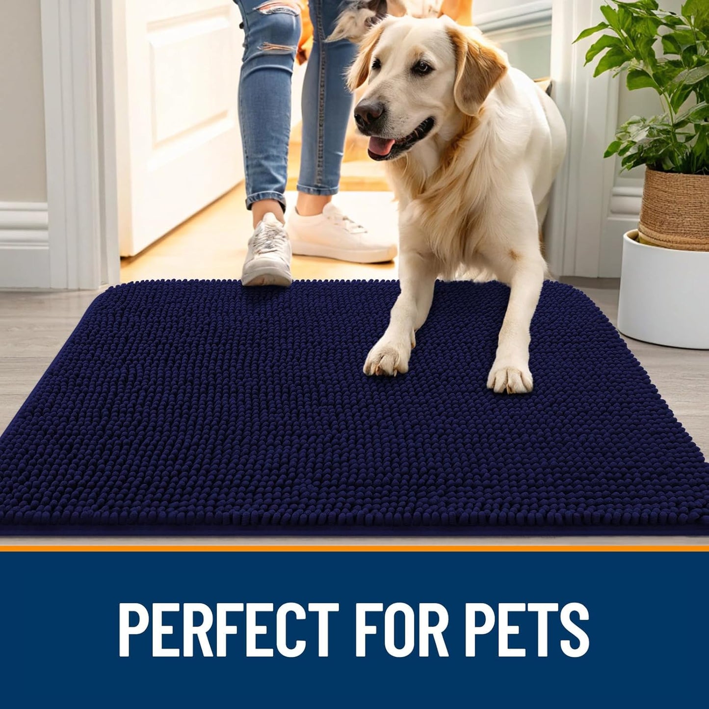 OLANLY Dog Door Mat - Absorbent Non-Slip Chenille for Muddy Paws | 70x24, Quick Dry, Navy Blue