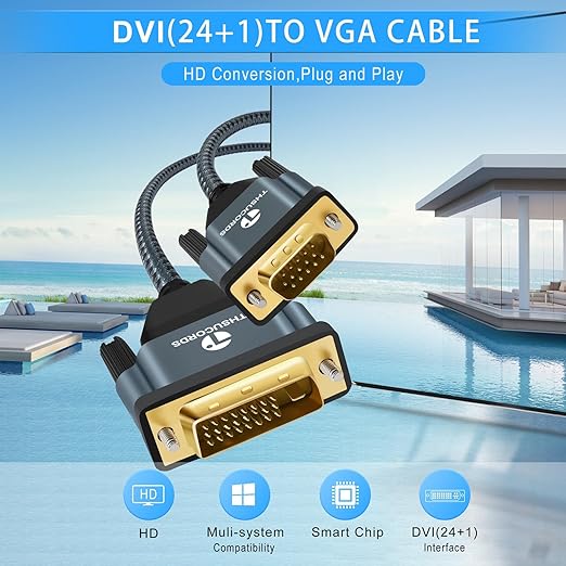 Thsucords DVI to VGA Cable 6.6FT, Uni-Directional DVI-D to VGA Adapter Male to Male Gold-Plated Braided 1080P Full HD Cord for HDTV, PC,Laptop, Monitor, Projector