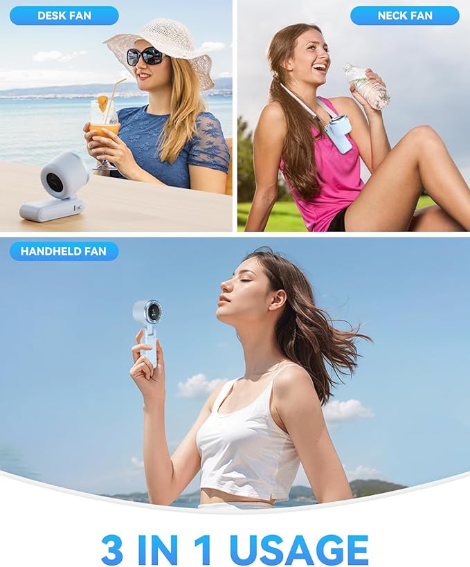 PlayHot Portable Handheld Turbo Fan, 5-Speed Personal Fan, USB-C Rechargeable Fan Up to 12 Hours, 3 IN 1 Hand Fan with Air Turbo Tech Cooling, Travel Fan for Cruise, Beach, Gifts for Women (Blue)