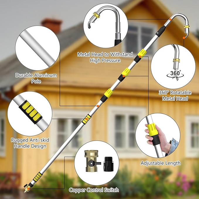 Buyplus 16FT(24FT Reach) Telescopic Gutter Cleaning Tools from The Ground, Rain Gutter Cleaners Tool with 360Â°Rotatable Metal Nozzle, Extension Pole, Hose Attachment, Watering Wand for Garden Hose