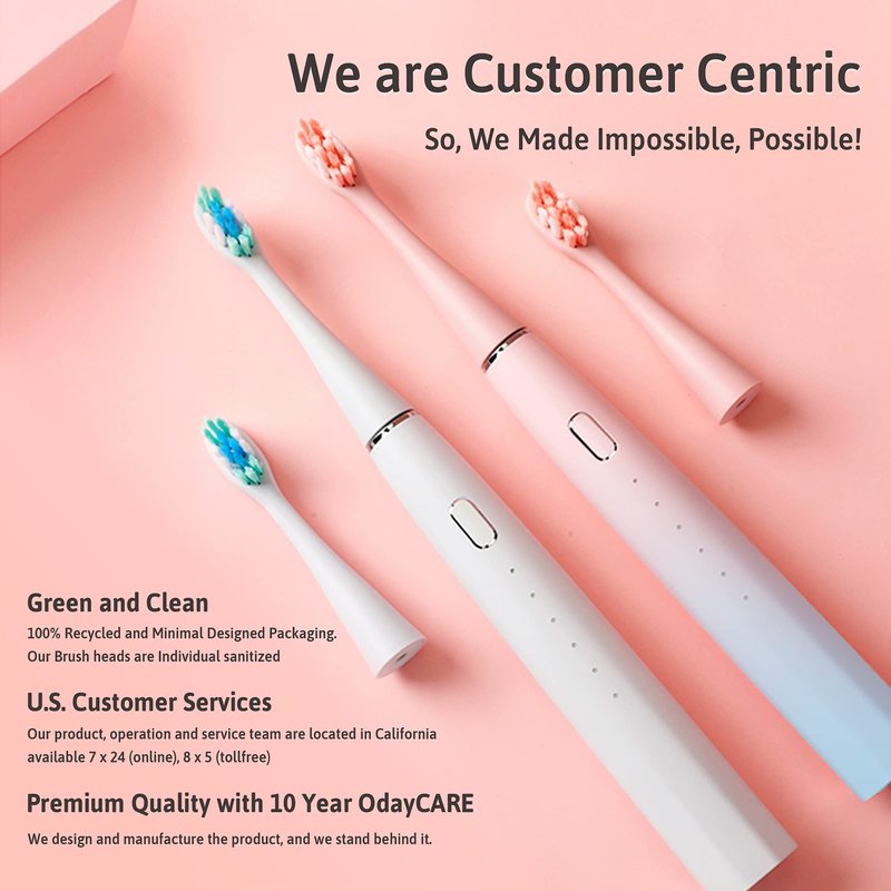 Oday N9000 Sonic Electric Toothbrush, 90% End-Rounding, 10 YR Warranty, 2,000 mAh Battery (180 Days), IPX7 Waterproof, 43,000 VPM (2nd Gen. 3S Sonic Motor), 5 Modes with Smart Timer, 6 Brush Heads