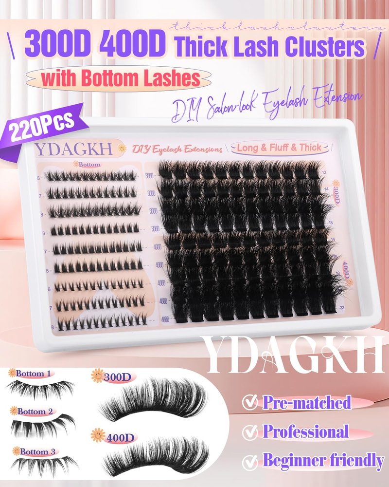 Thick Lash Clusters 300D+400D Volume Eyelash Clusters 12-22mm Long Fluff Cluster Eyelash Extensions Mega Full DIY Salon-look Wispy Lash Extension with Bottom Lashes 5 Styles 220Pcs