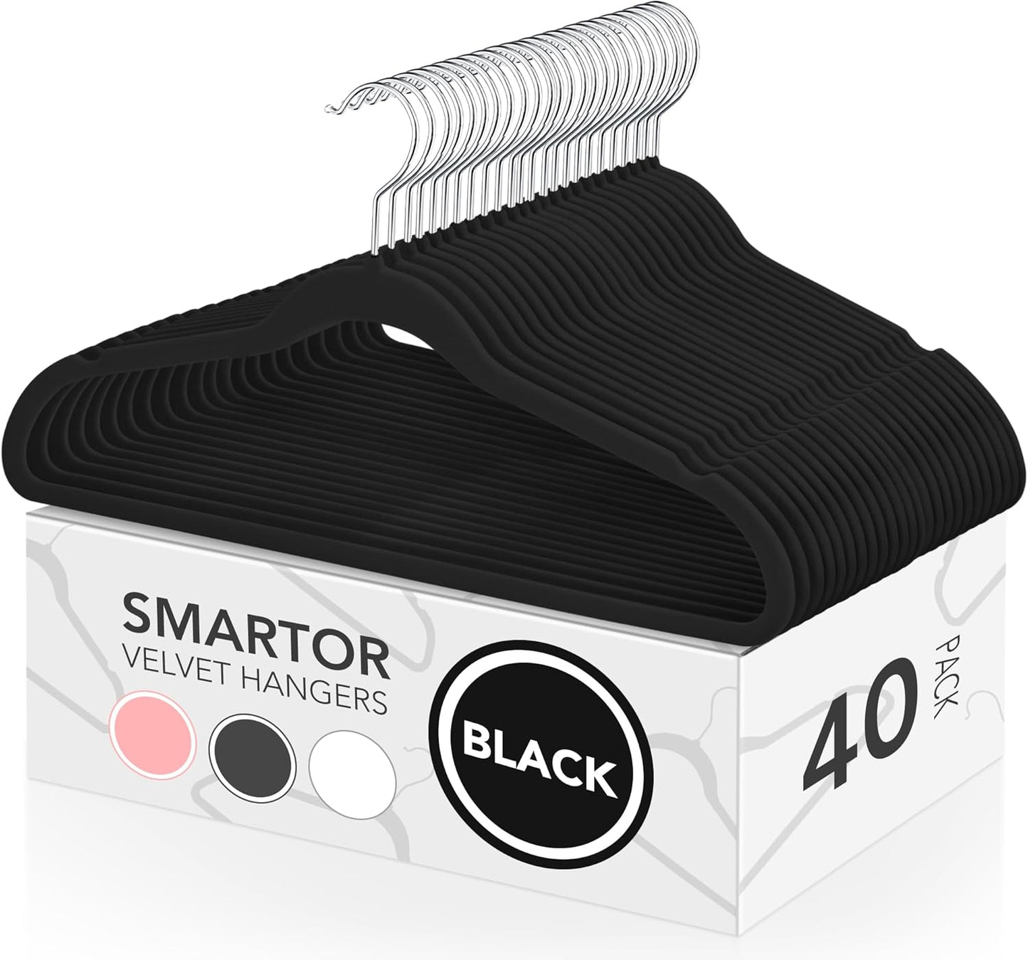 Smartor Velvet Hangers - 40 Pack Non-Slip Heavy Duty Felt Hangers | Premium Slim Black with 360° Rotating Hook
