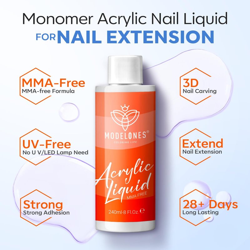 modelones 8 oz Monomer - Professional Monomer Acrylic Nail Liquid 240ml for Acrylic Powder, Nail Extension 3D Carving - MMA Free Low Odor Non-Yellowing DIY Salon Home